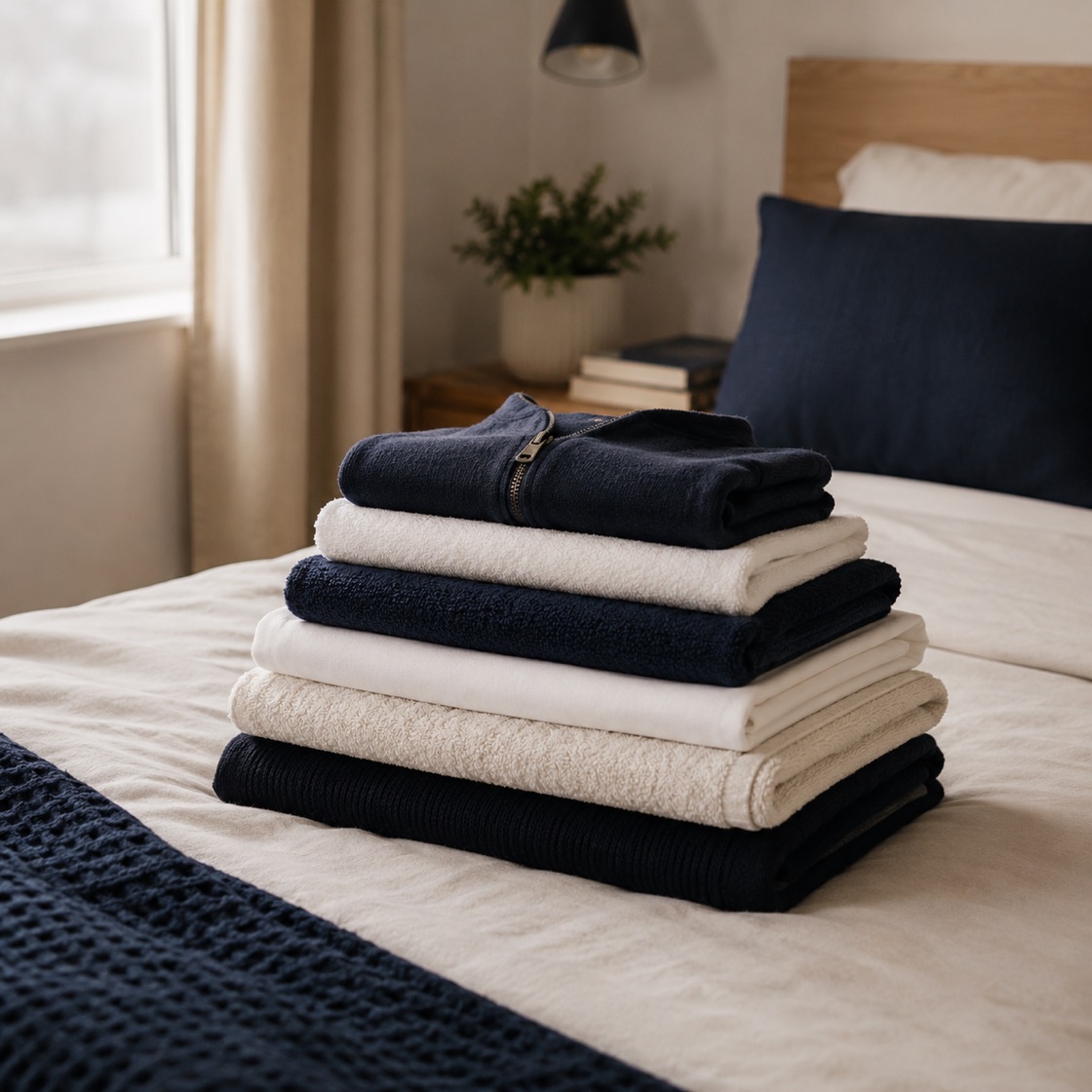 A neat stack of freshly washed, folded laundry on a tidy bed