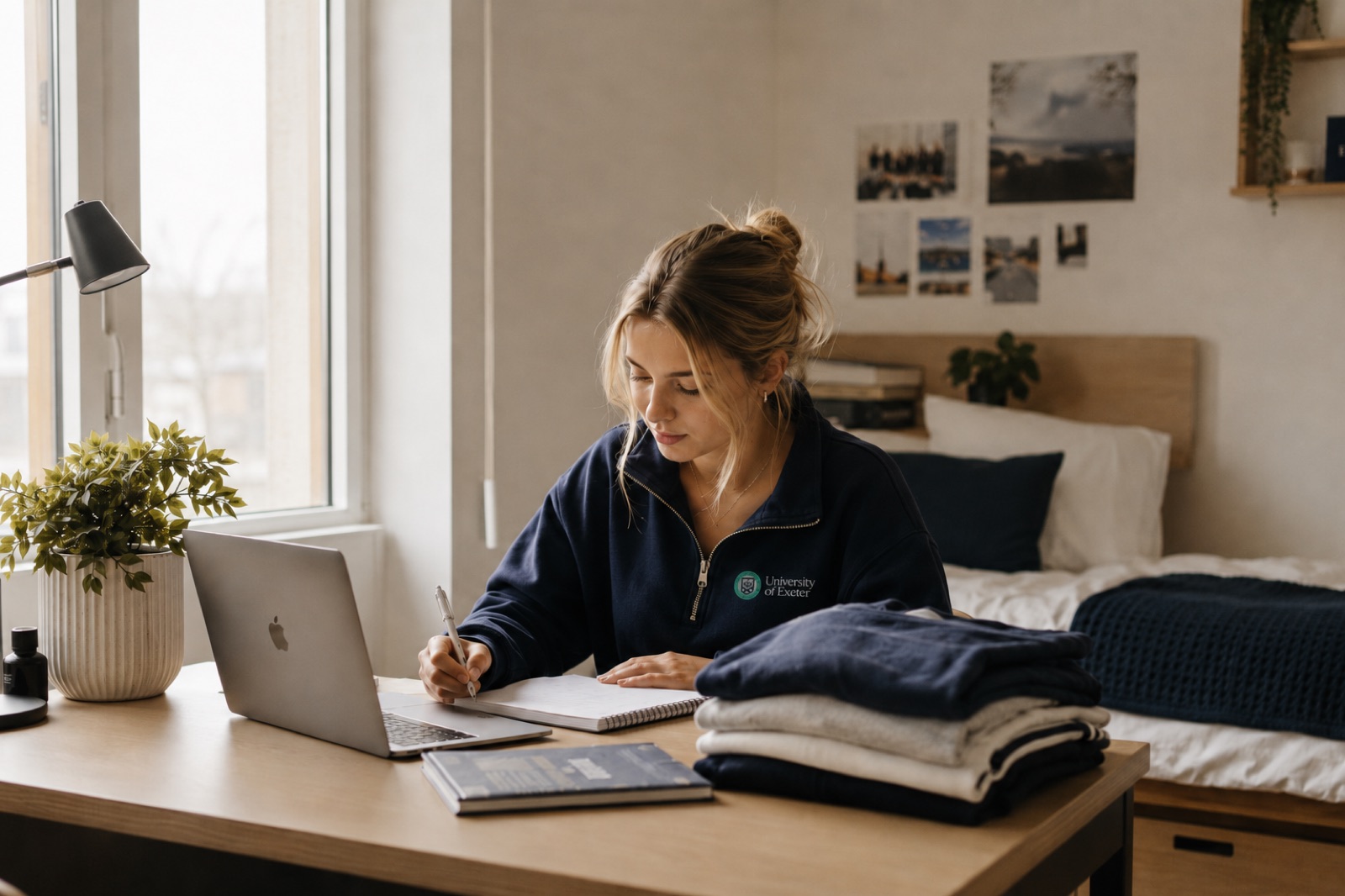 A student studying at her desk by the window with a stack of freshly folded clean clothes beside her